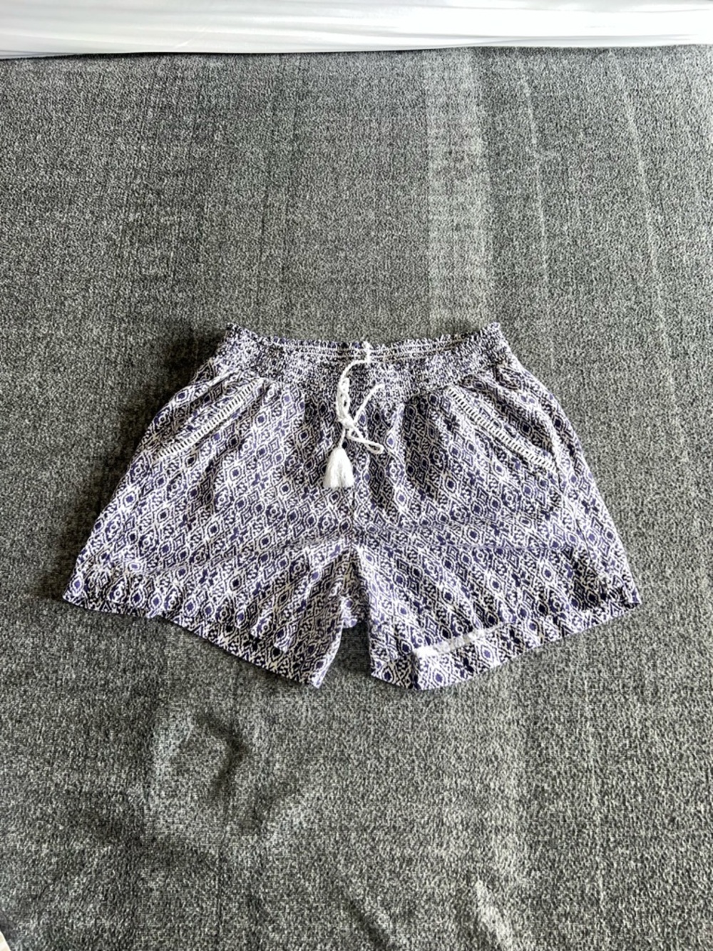 Briggs Geometric Blue Boho Resortwear Linen Blend Tassel Drawstring Shorts
